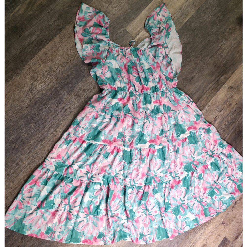 Grace Karin Womens 2XL Pink Teal Floral Tiered Midi Dress Flutter Sleeve NWOT - Picture 7 of 8